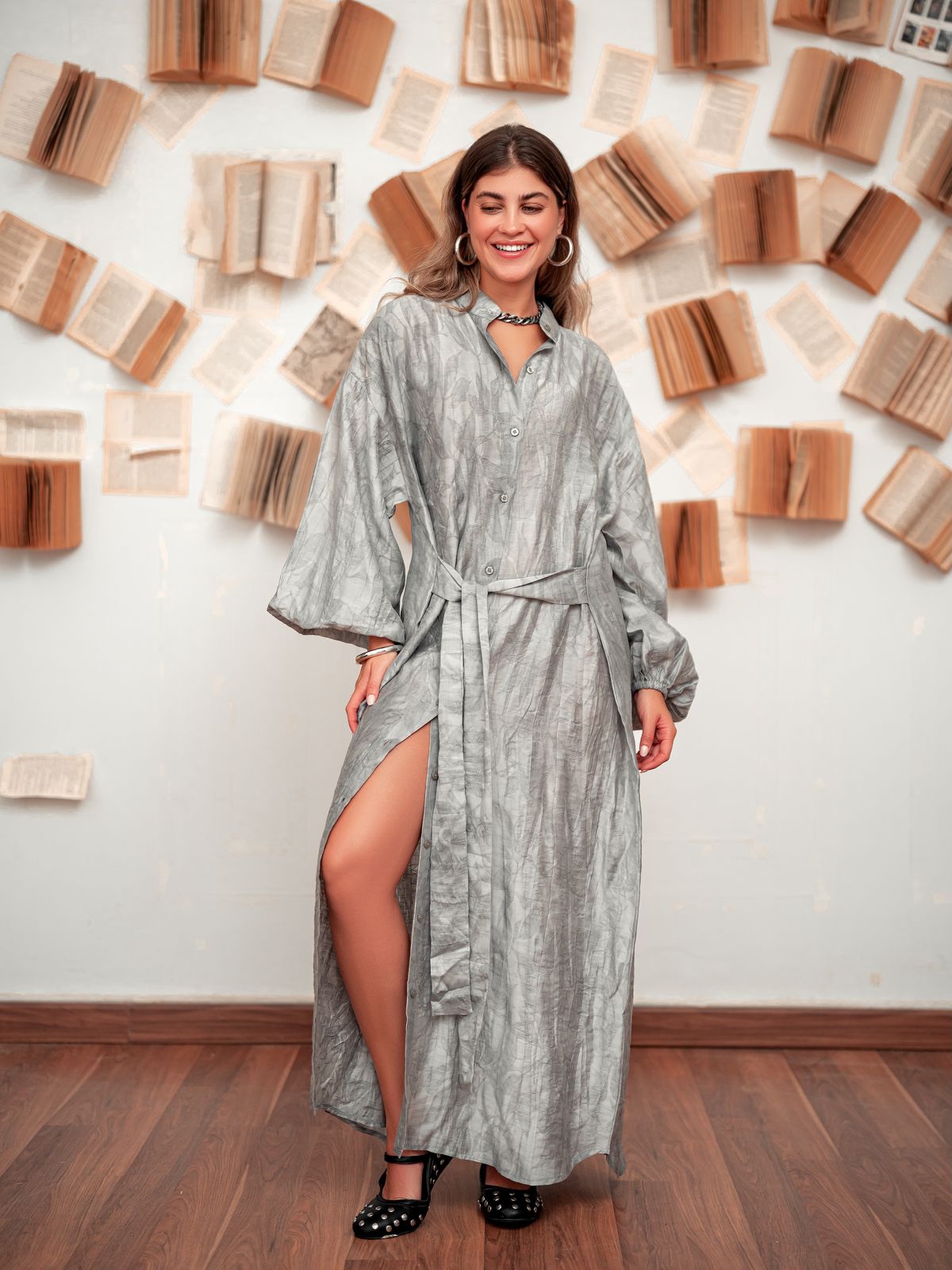 Belted Shirt Dress- Grey