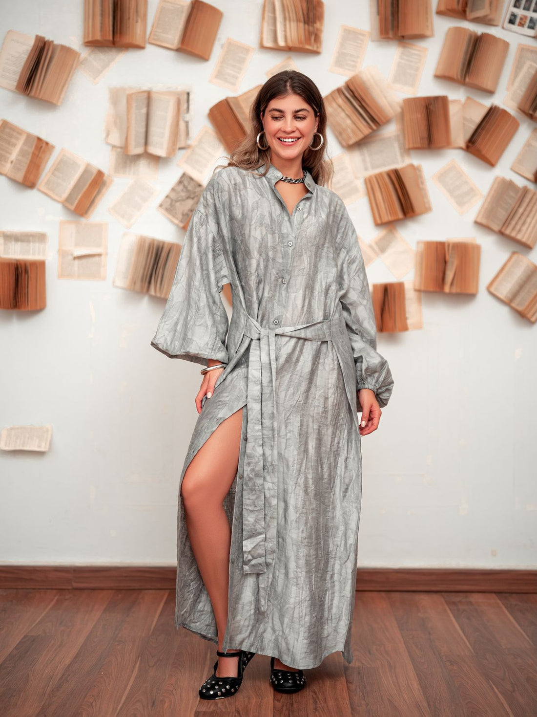 Belted Shirt Dress- Grey