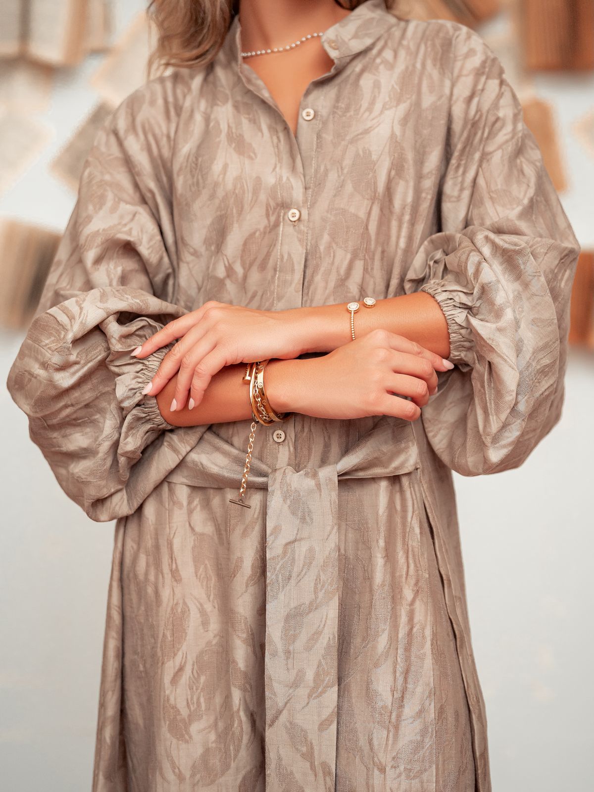 Belted Shirt Dress-Beige