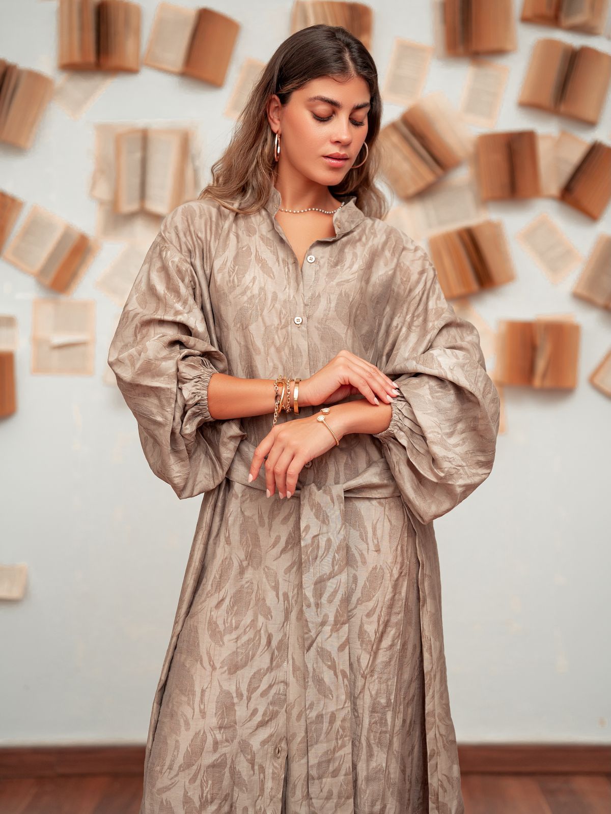 Belted Shirt Dress-Beige