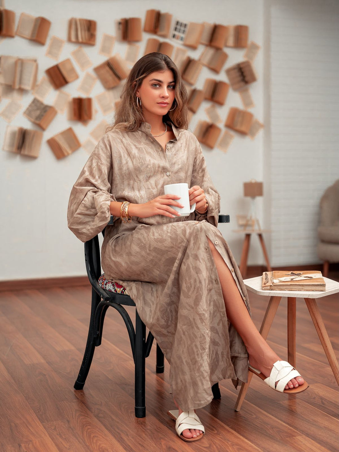 Belted Shirt Dress-Beige
